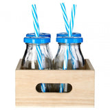 Blue Straws And Lids Glass Drinking Bottles
