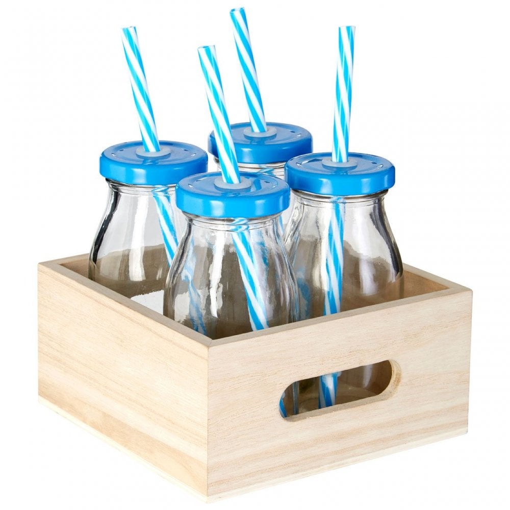 Blue Straws And Lids Glass Drinking Bottles