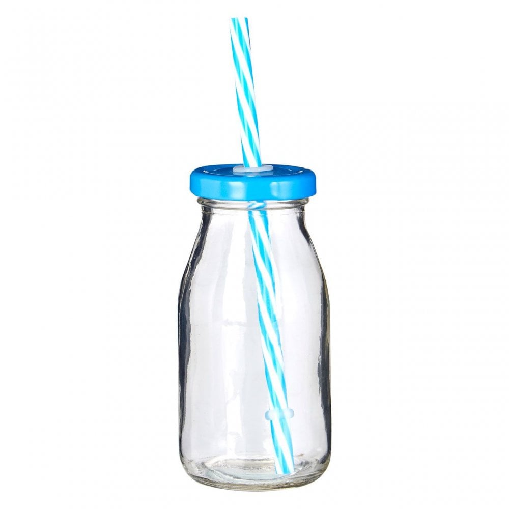 Blue Straws And Lids Glass Drinking Bottles
