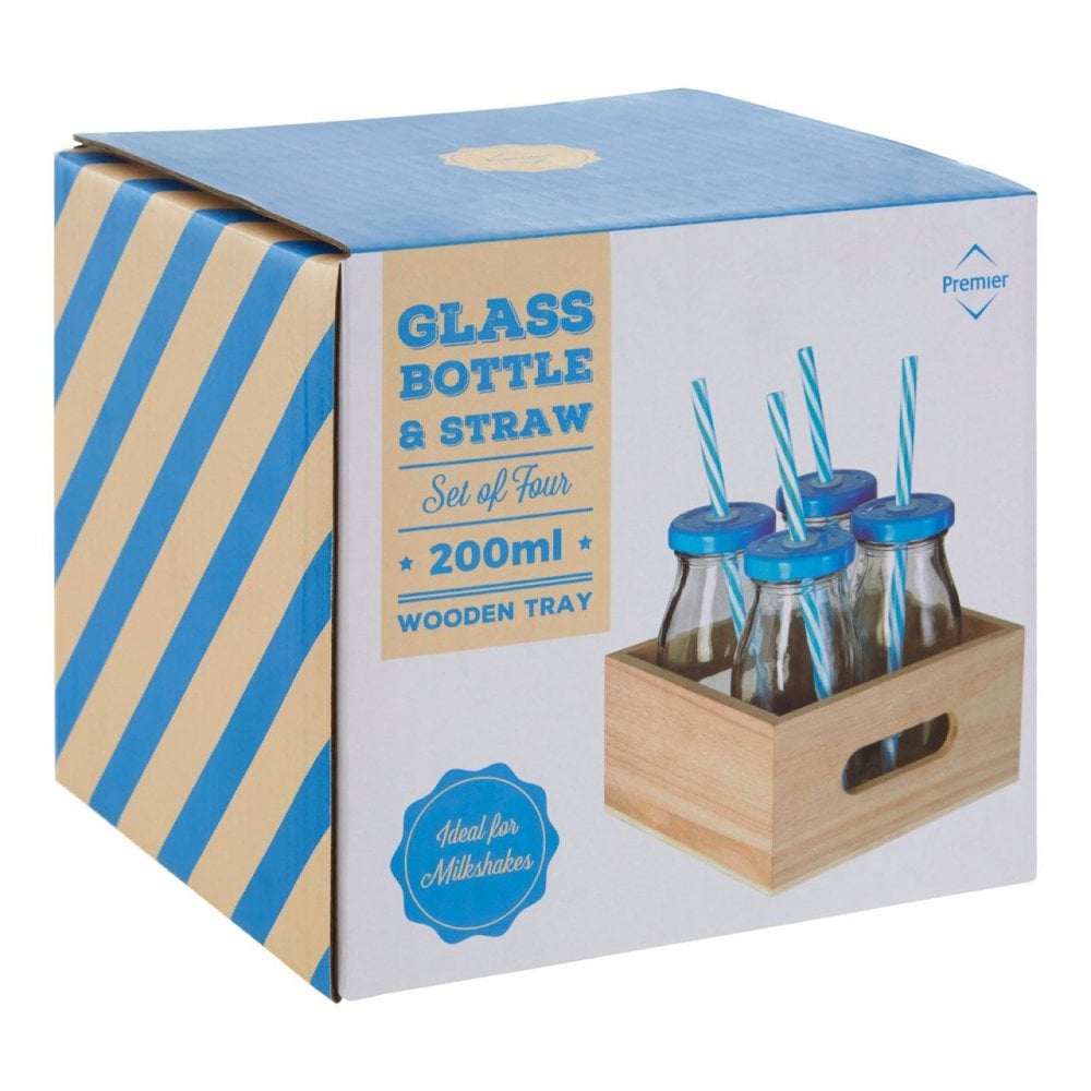 Blue Straws And Lids Glass Drinking Bottles
