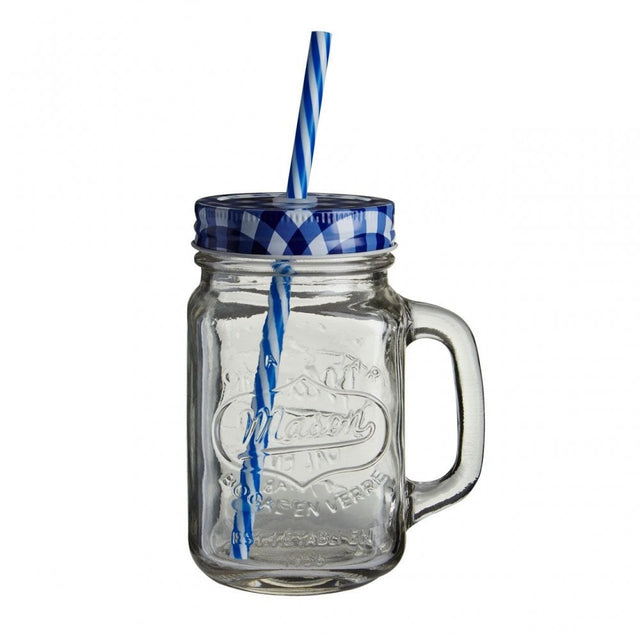 Embossed Mason Jar Mug With Blue Gingham Lid