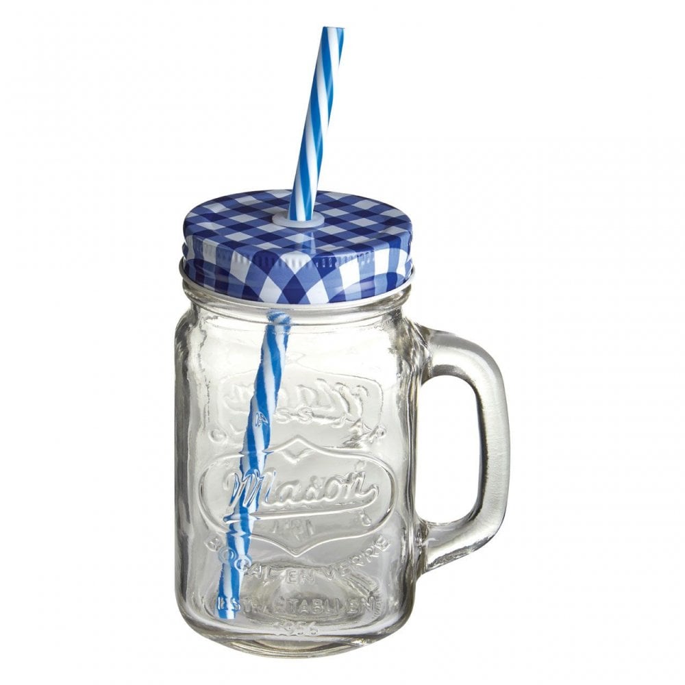 Embossed Mason Jar Mug With Blue Gingham Lid