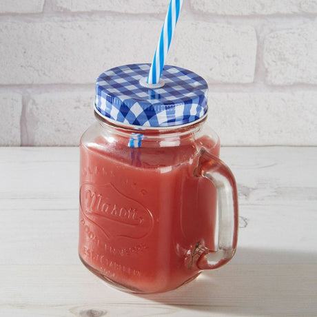 Embossed Mason Jar Mug With Blue Gingham Lid
