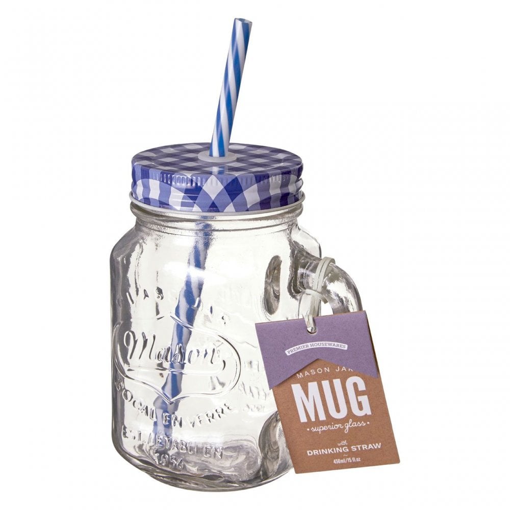 Embossed Mason Jar Mug With Blue Gingham Lid