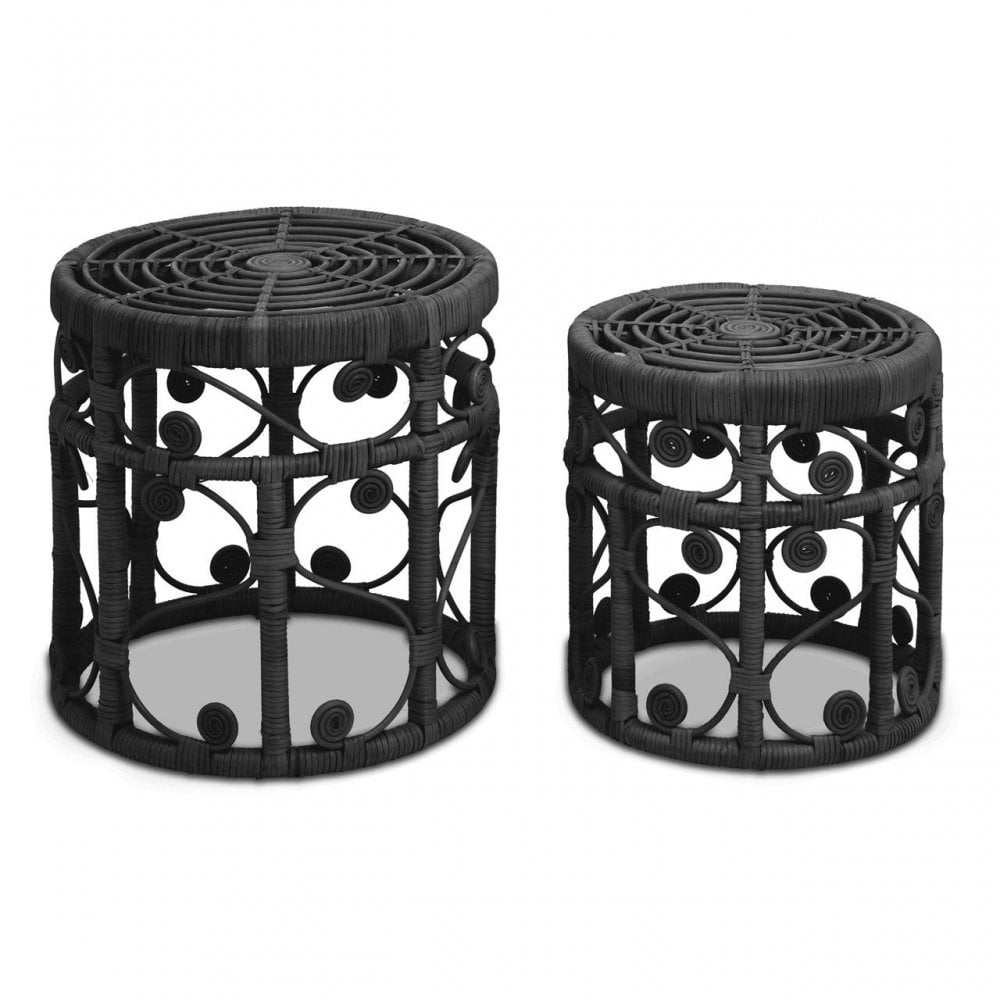 Mataram Set Of Two Black Rattan Stools