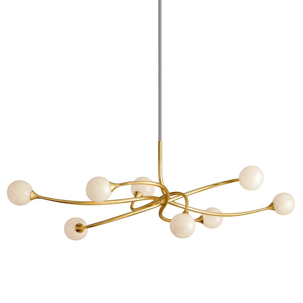 Opulent Gold Leaf Linear Chandelier with Antique White Glass Shades