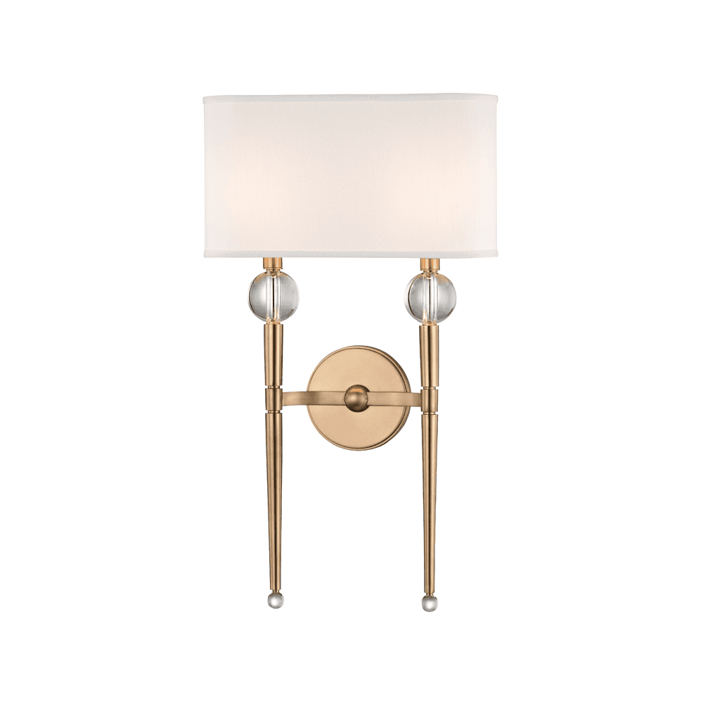 Rockland 2-Light Wall Fixture in Antique Gold with Off-White Faux Silk Shade