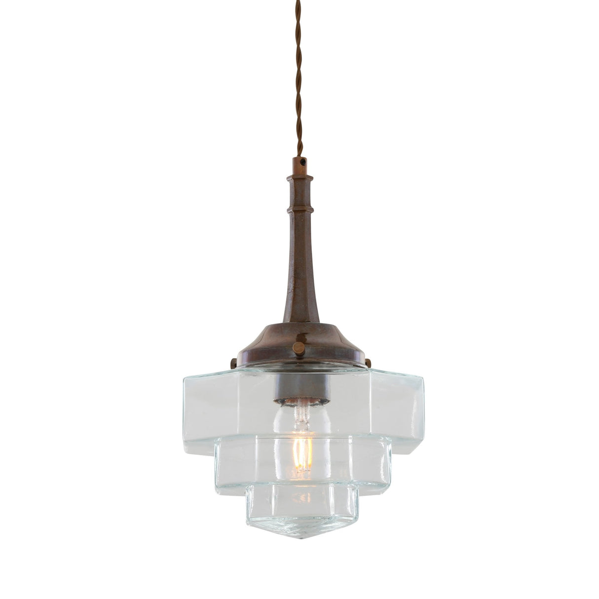 Antique Brass Hexagonal Novato Pendant with Stepped Glass Shade