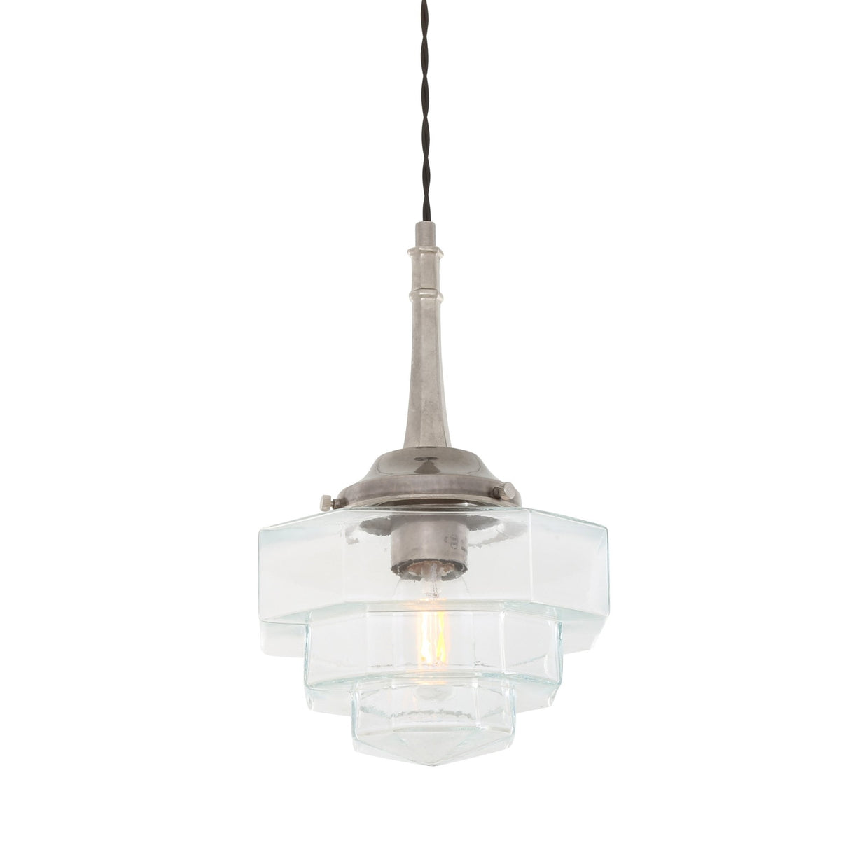 Antique Brass Hexagonal Novato Pendant with Stepped Glass Shade