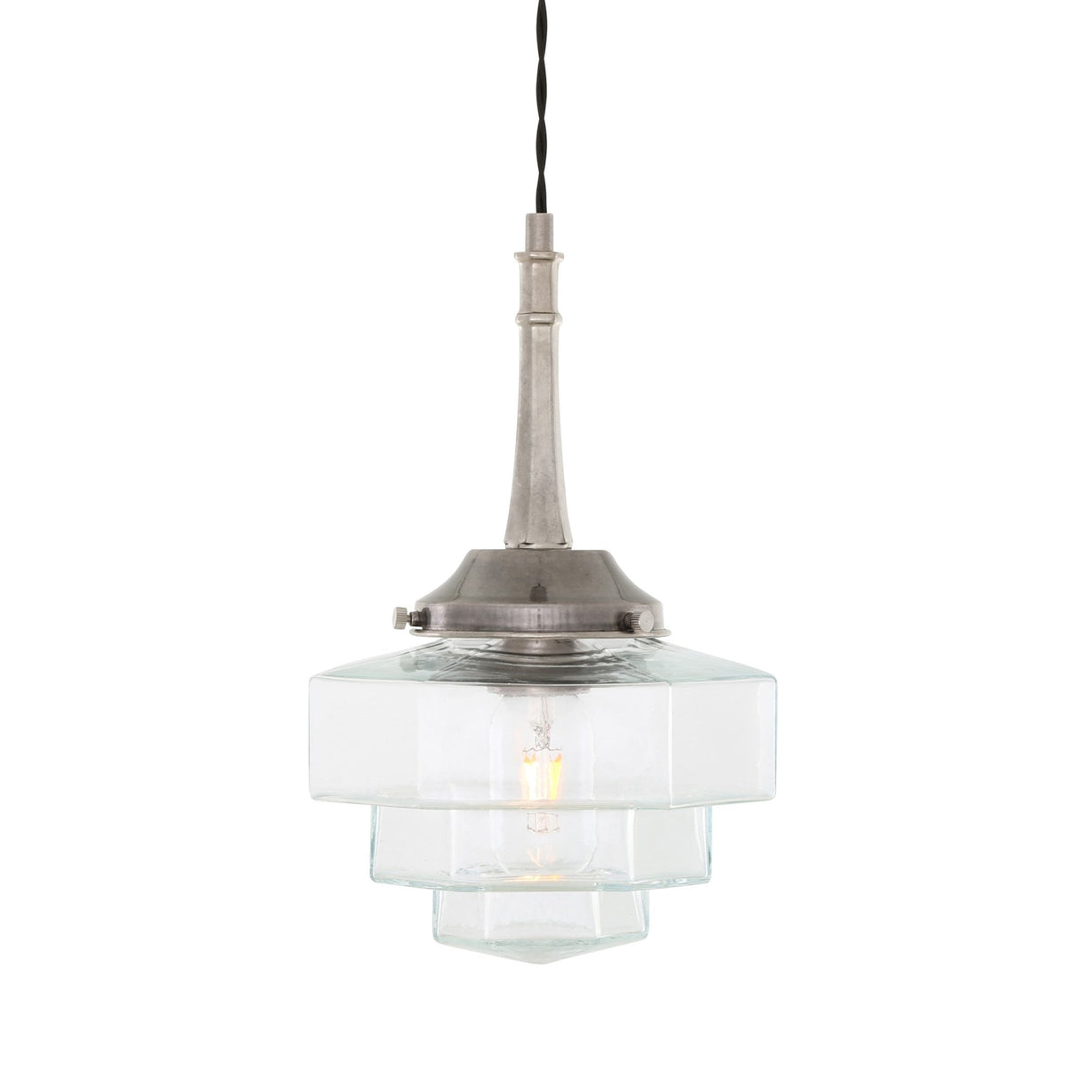 Antique Brass Hexagonal Novato Pendant with Stepped Glass Shade
