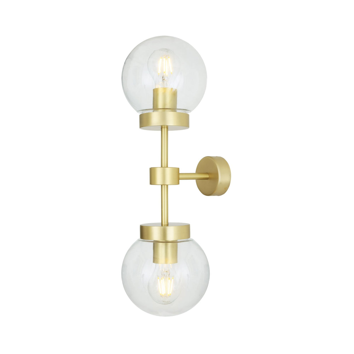 Grange Contemporary Double Wall Light, Antique Brass with Clear Glass Globes