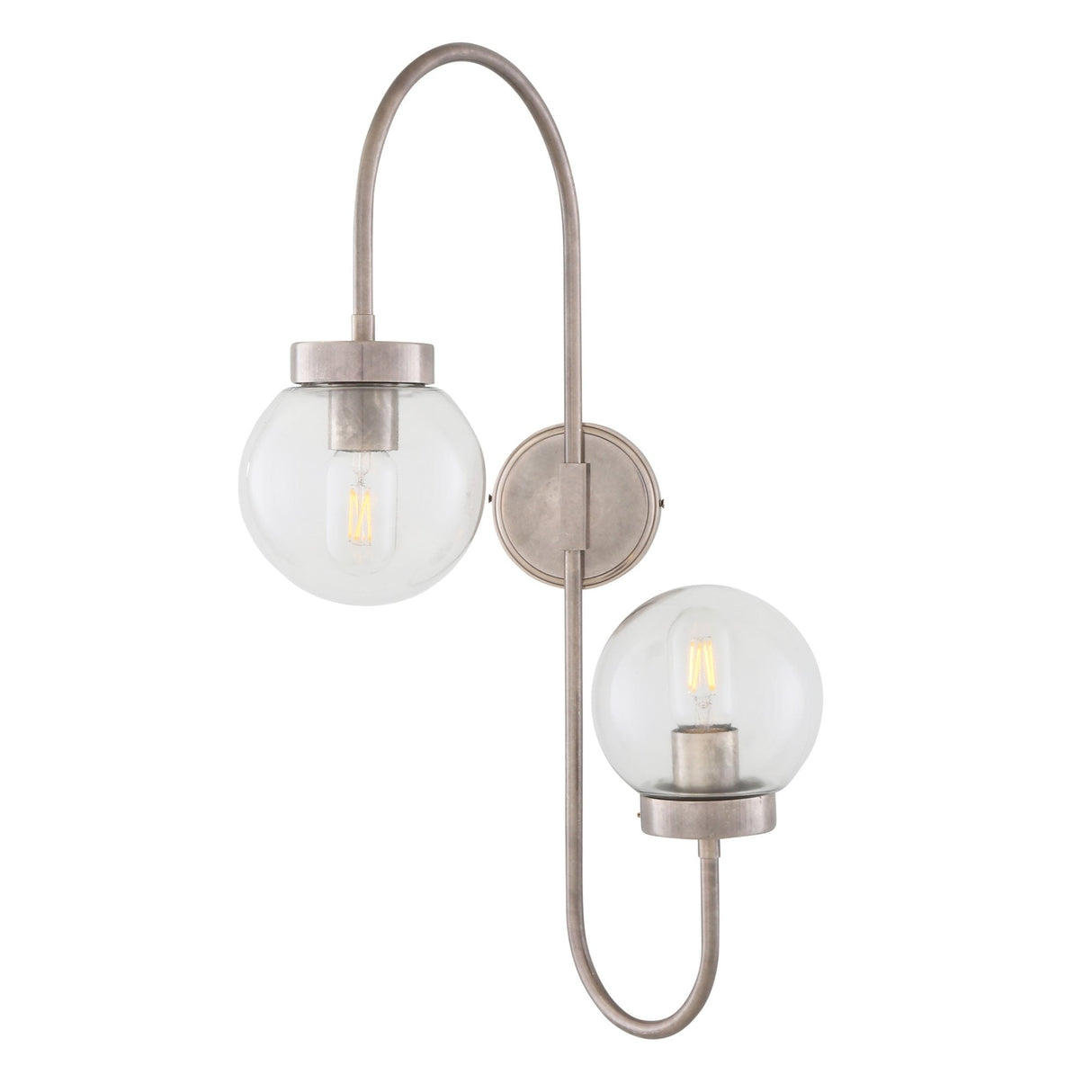 Winslow Dual Globe Wall Sconce, Antique Brass and Clear Glass Design