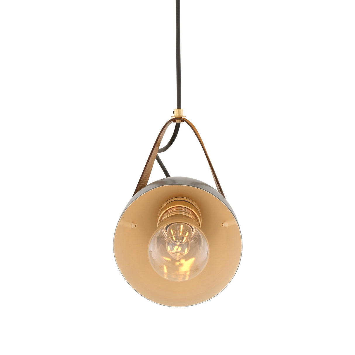 Antique Brass Cone Pendant with Red Leather Strap and Clear Glass Shade
