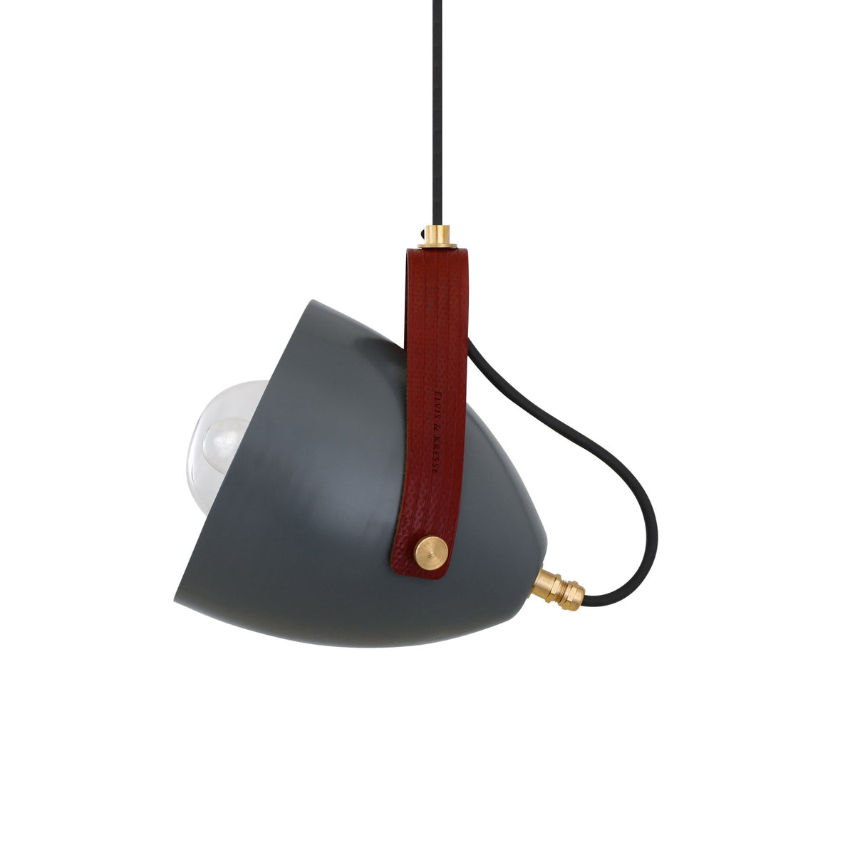 Antique Brass Cone Pendant with Red Leather Strap and Clear Glass Shade