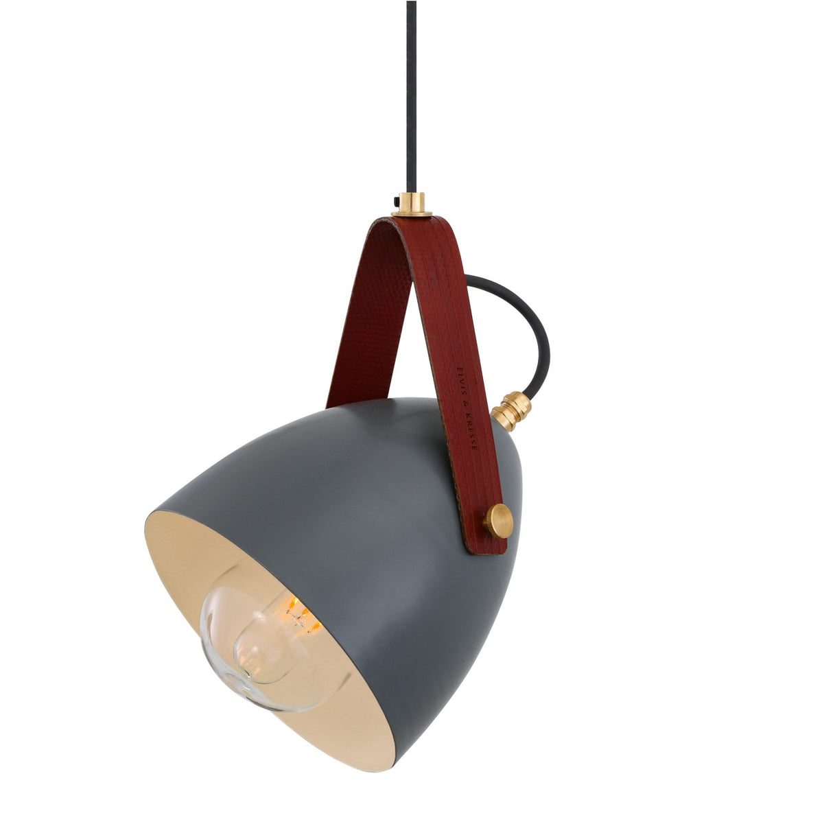 Antique Brass Cone Pendant with Red Leather Strap and Clear Glass Shade