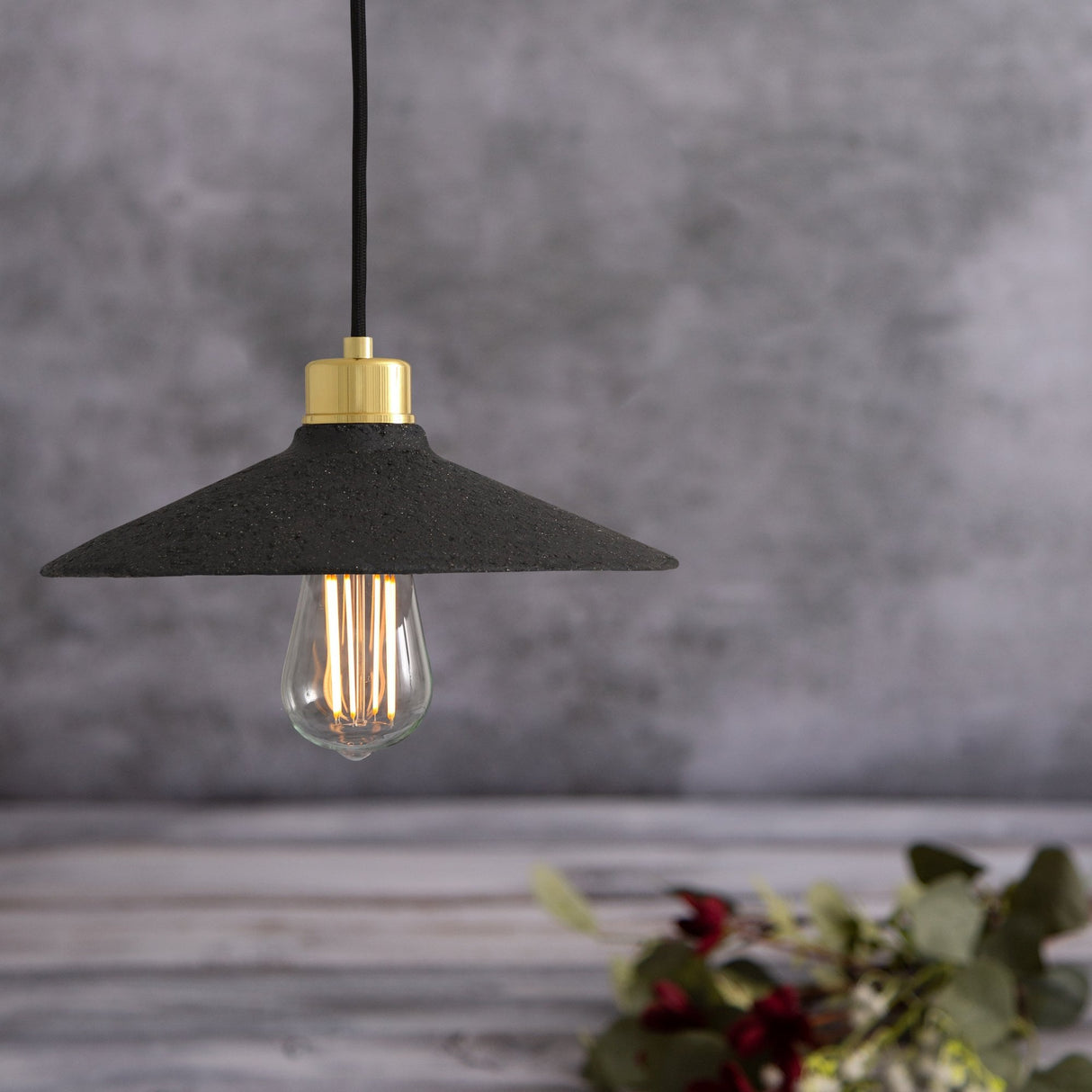 Pyrus Black Clay Pendant with Antique Brass Accents
