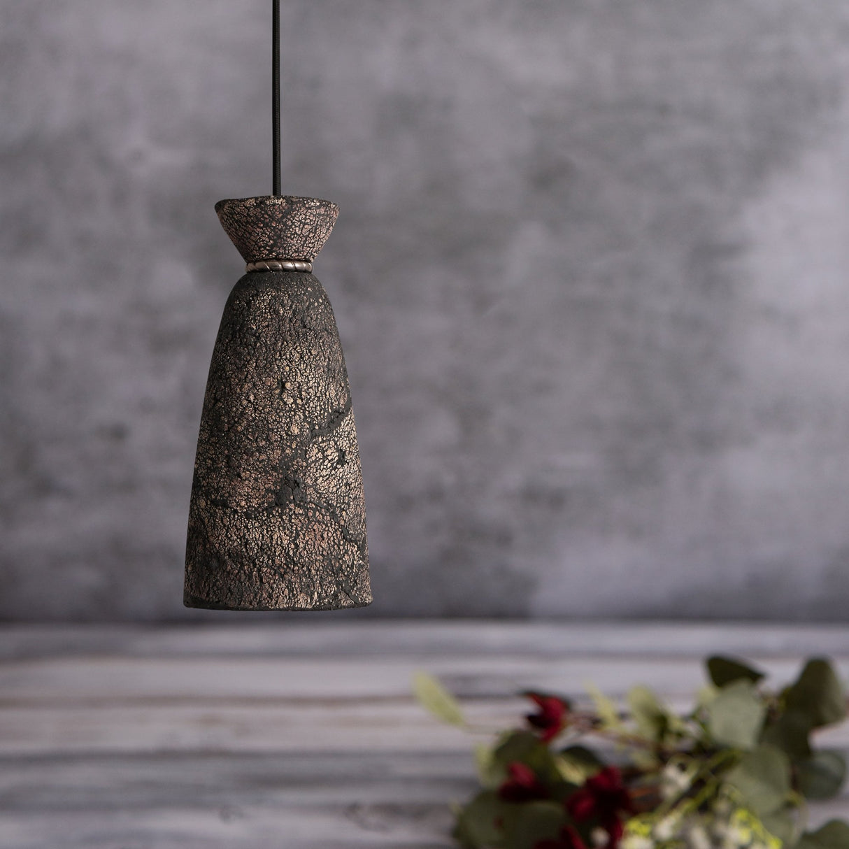Pando Pendant - Crackled Black Clay with Antique Brass