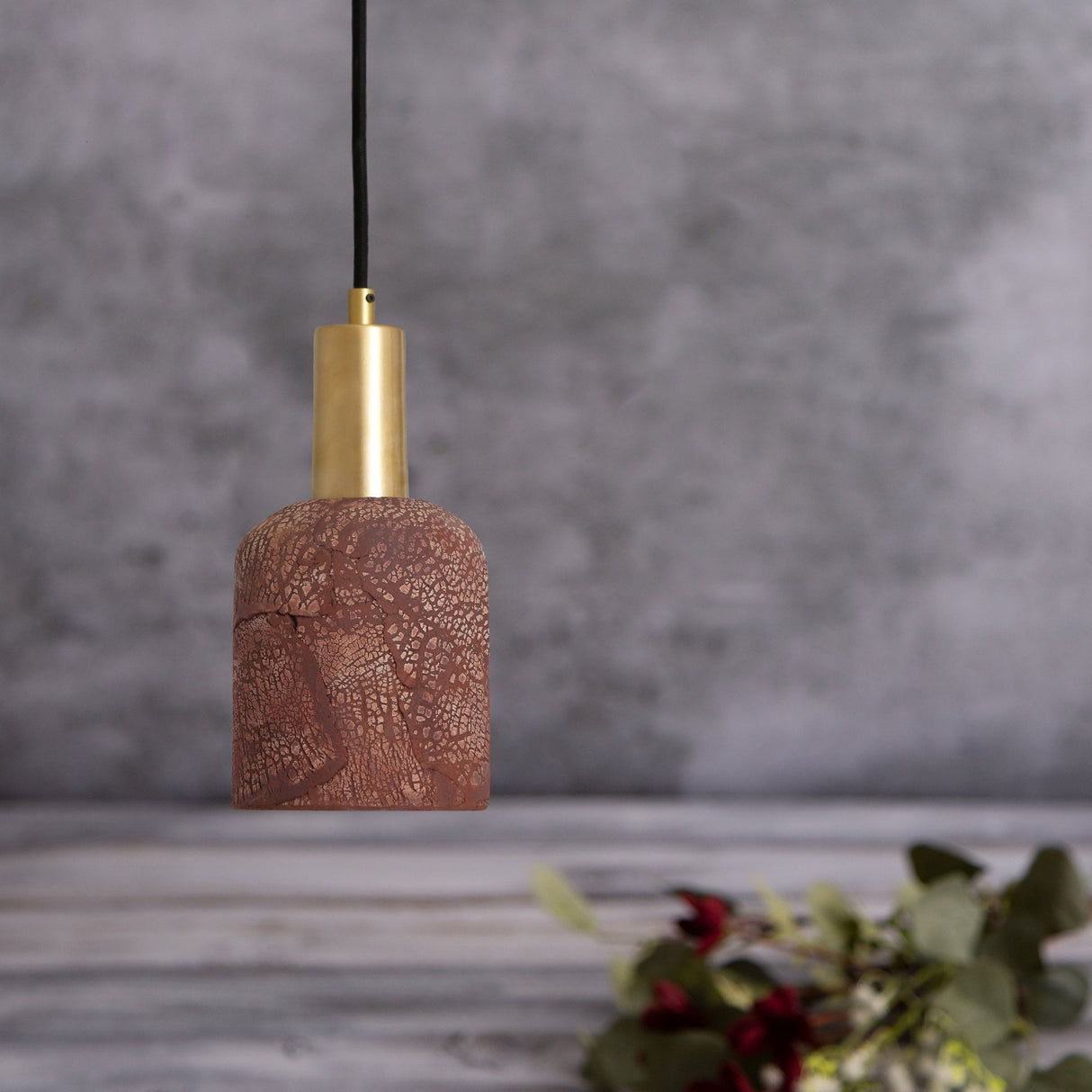 Rustic Ruby Ceramic Pendant Light - Red Iron & Antique Brass