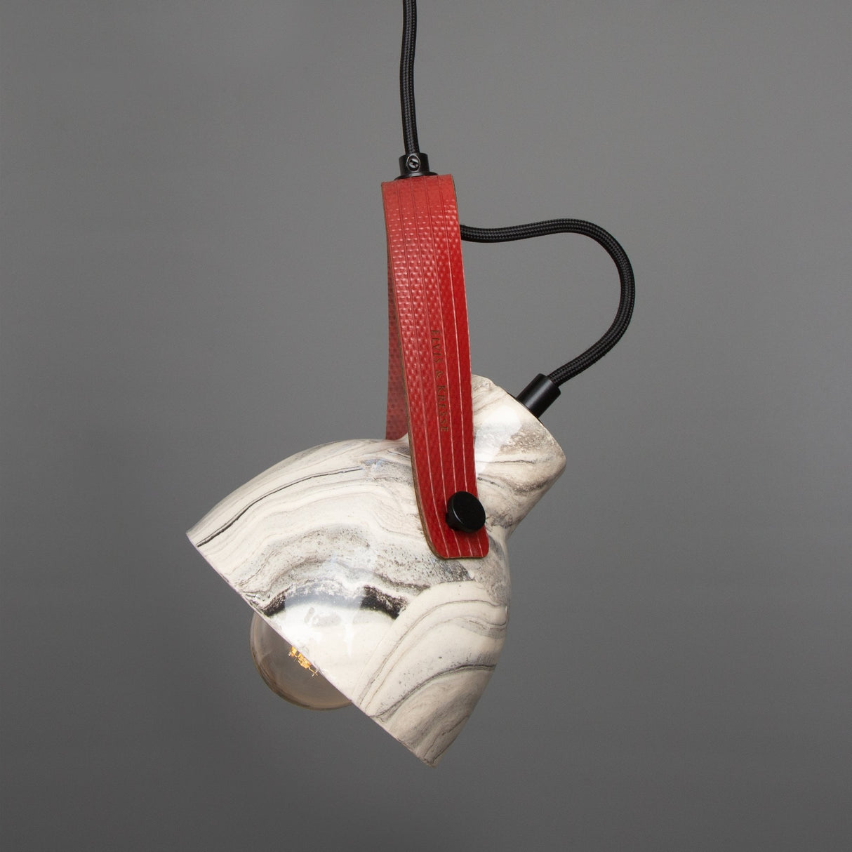 Pera Marbled Pendant with Antique Brass and Red Recycled Firehose Strap