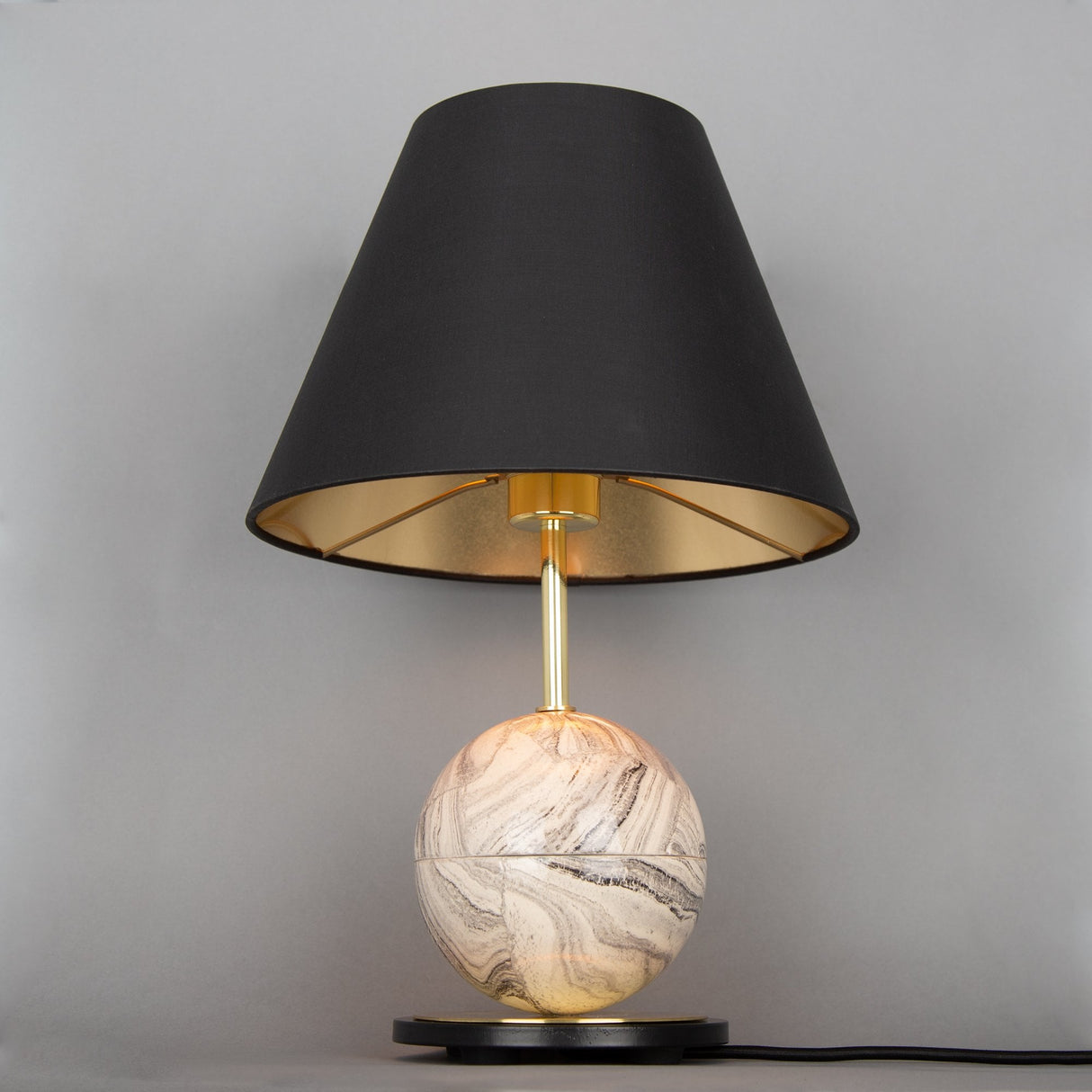 Byrd Marbled Ceramic Globe Lamp, Brass & Black Matte Finish