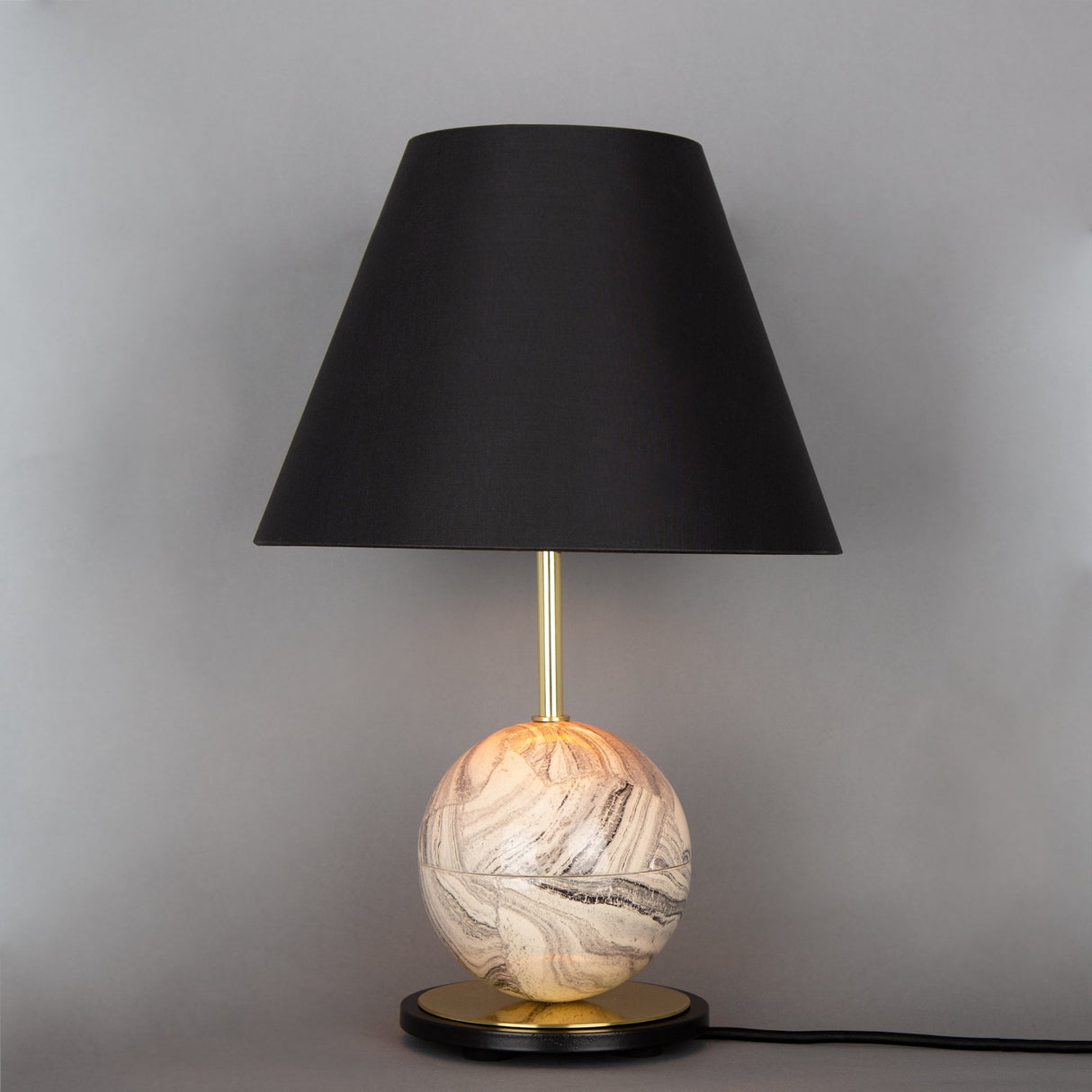 Byrd Marbled Ceramic Globe Lamp, Brass & Black Matte Finish