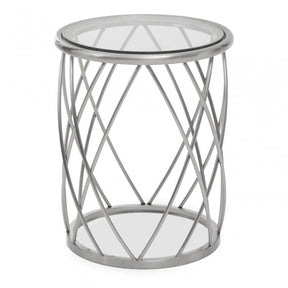 Ackley Clear Glass And Silver Frame Round Side Table.