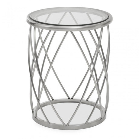 Ackley Clear Glass And Silver Frame Round Side Table.