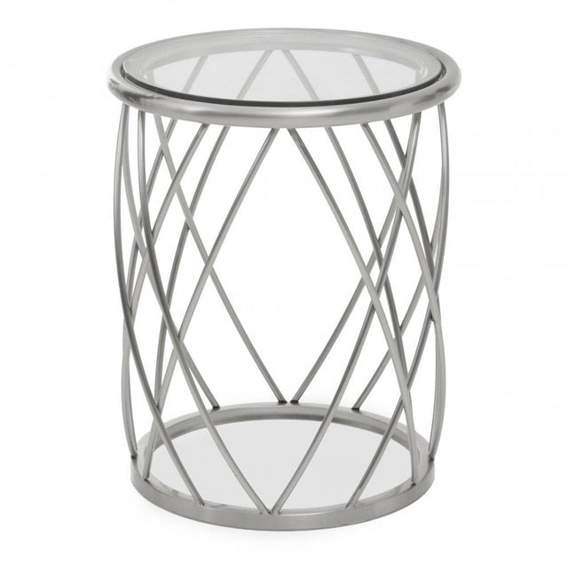Ackley Clear Glass And Silver Frame Round Side Table.