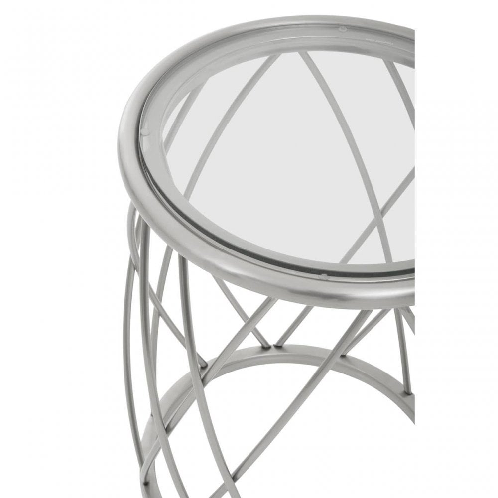 Ackley Clear Glass And Silver Frame Round Side Table.