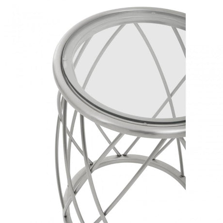 Ackley Clear Glass And Silver Frame Round Side Table.