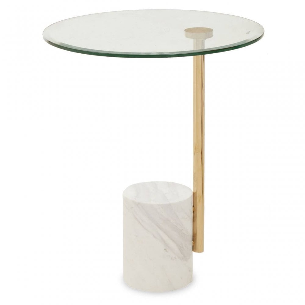 Oria Clear Glass Side Table With Gold Frame And White Marble Base