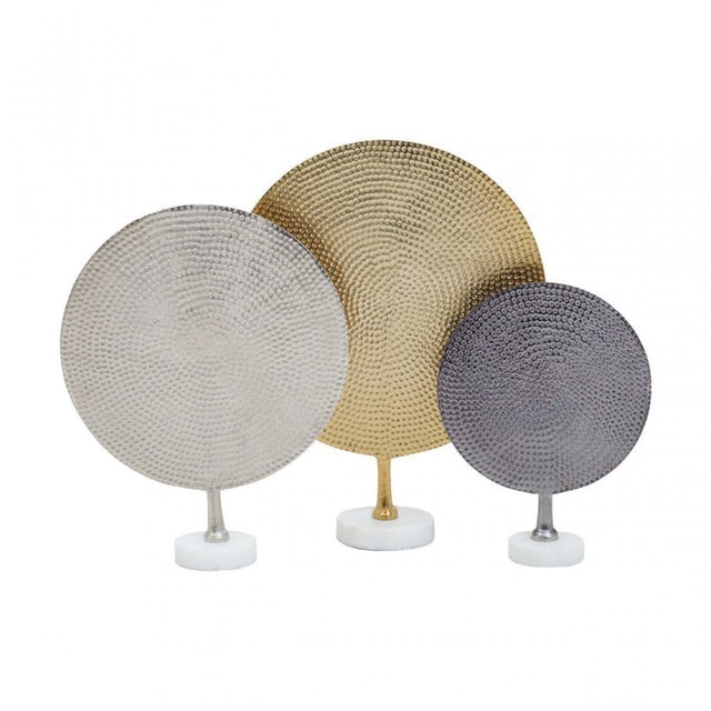 Elias Set Of Three Gold Silver And Black Hammered Metal Sculptures