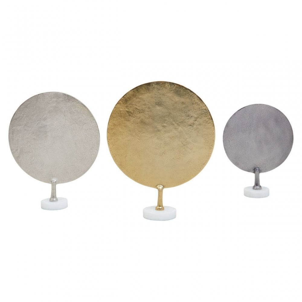 Elias Set Of Three Gold Silver And Black Hammered Metal Sculptures