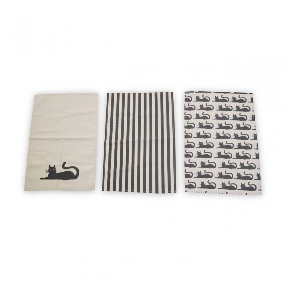 Set Of Three Black Cat Tea Towels