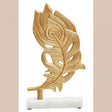 Evra Gold Peacock Feather Sculpture On White Marble Base