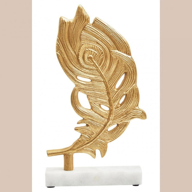 Evra Gold Peacock Feather Sculpture On White Marble Base