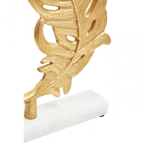 Evra Gold Peacock Feather Sculpture On White Marble Base