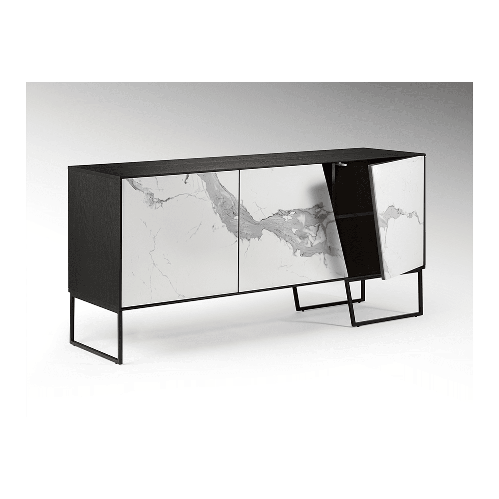 Kerala Monochrome Marble-Inspired Ceramics Sideboard with Triple Doors