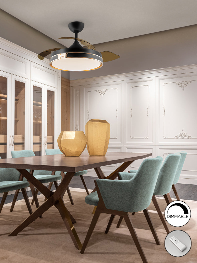 Elegant Heron Fan in Black and Gold with Dimmable Feature