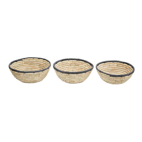 Set Of 3 Palm Leaf Baskets With Black Trim