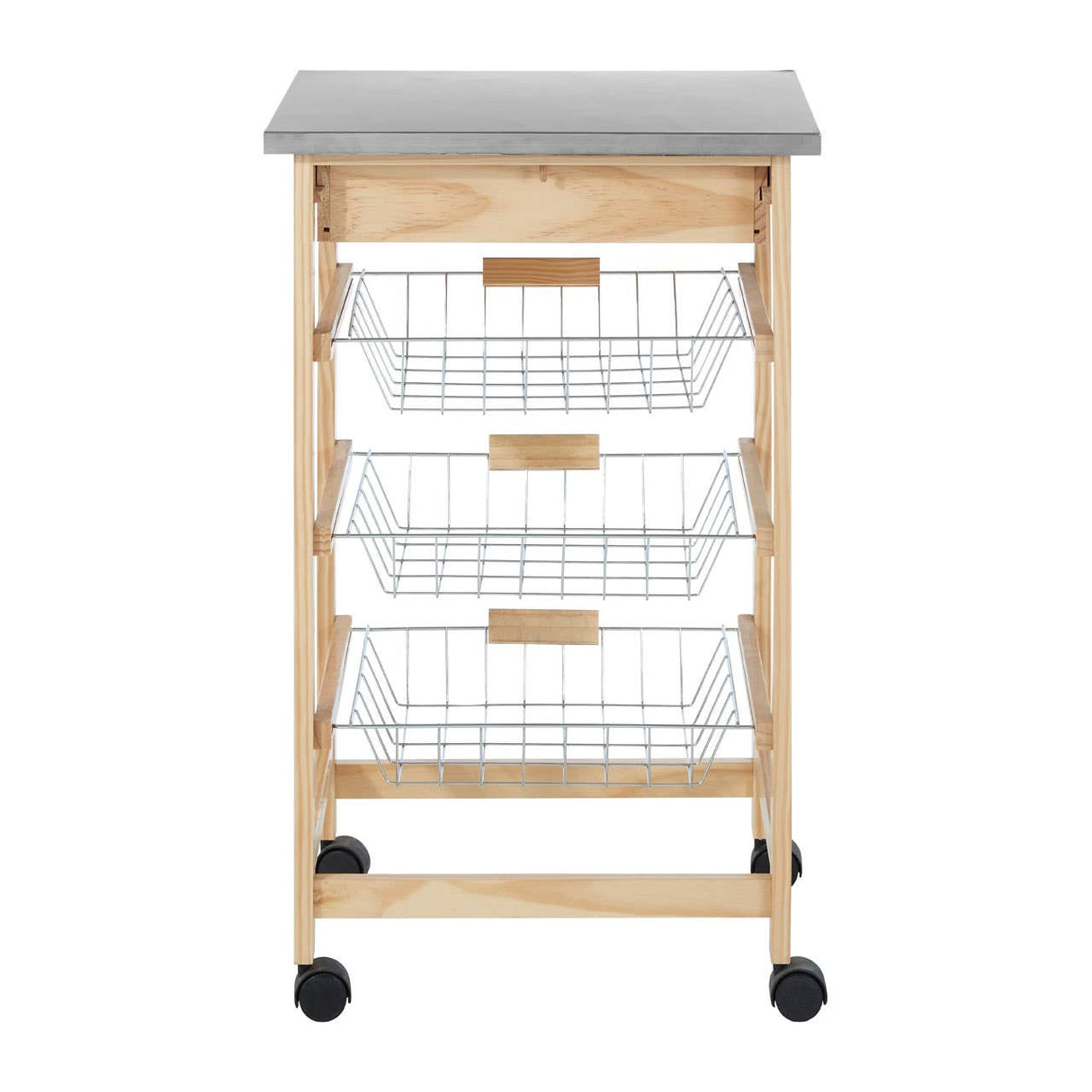 3 Wire Baskets Pinewood Kitchen Trolley
