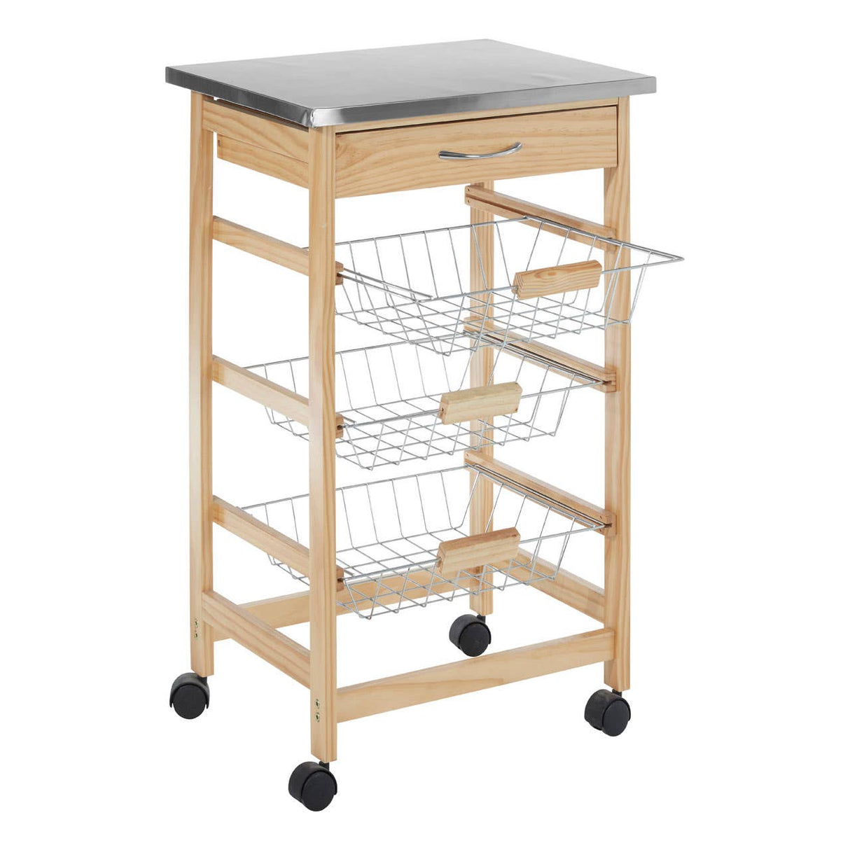 3 Wire Baskets Pinewood Kitchen Trolley