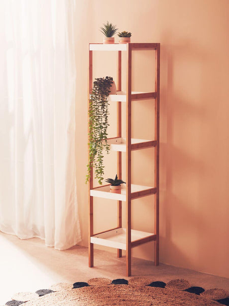 Nostra 5 Tier White / Bamboo Shelf Unit