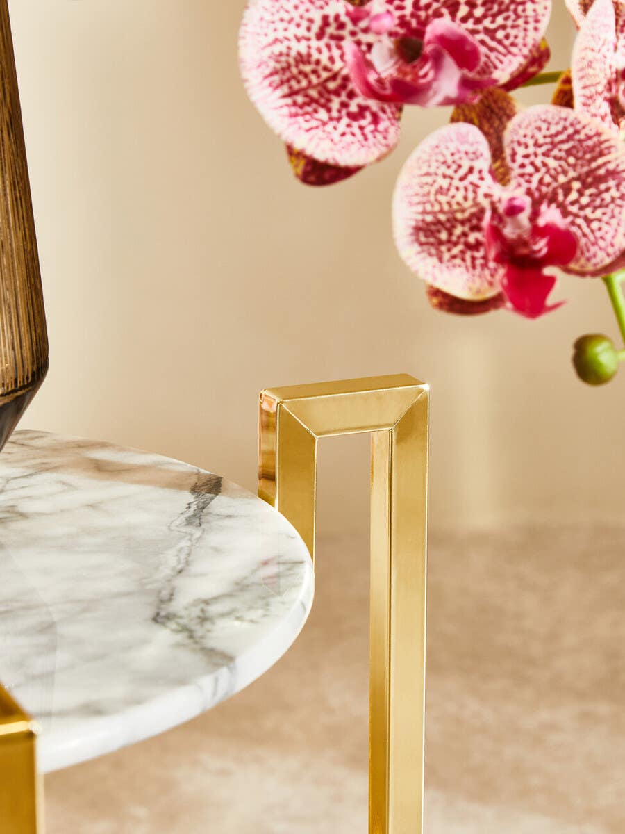 White Marble Side Table With Warm Gold Base