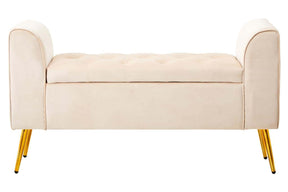 Loretta stone velvet storage bench with gold finish iron legs