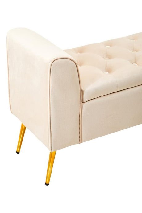 Loretta stone velvet storage bench with gold finish iron legs