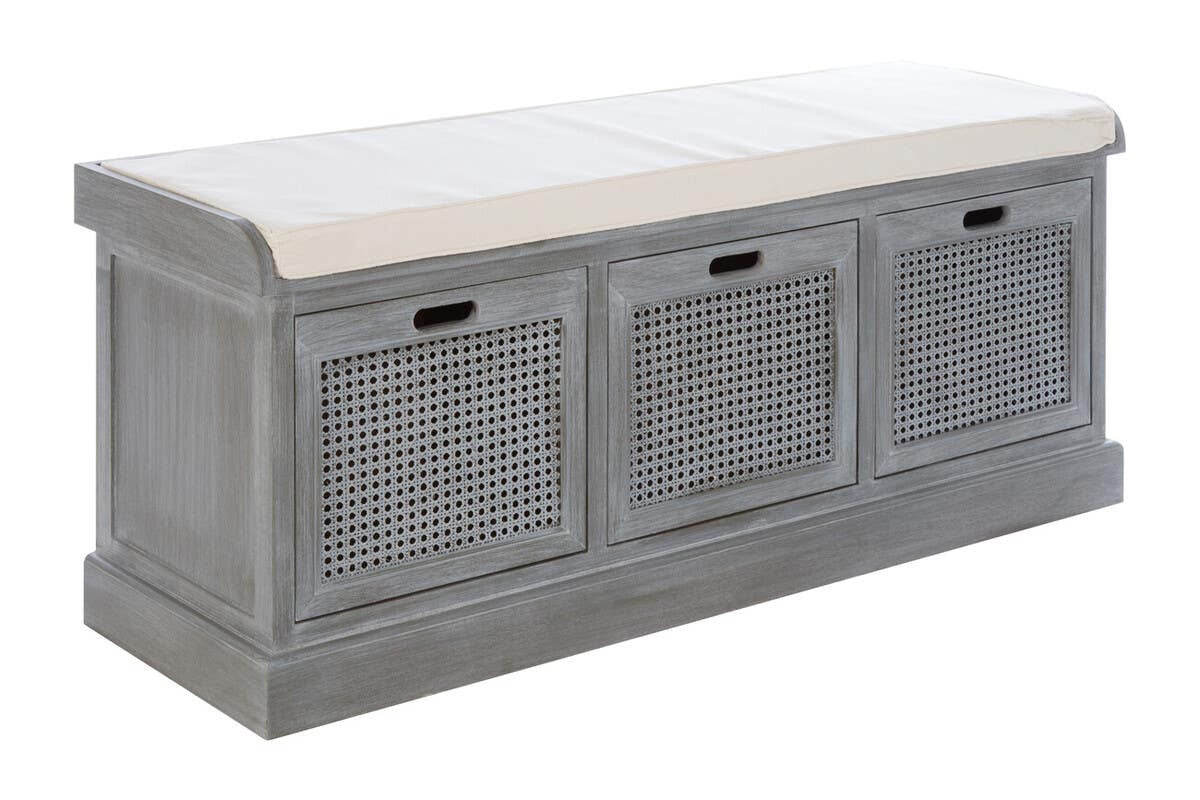 Heritage Grey Wash Three Drawer Wooden and Rattan Storage Bench with Cushion