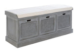 Heritage Grey Wash Three Drawer Wooden and Rattan Storage Bench with Cushion