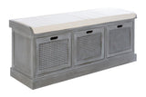 Heritage Grey Wash Three Drawer Wooden and Rattan Storage Bench with Cushion