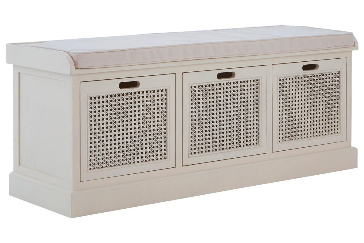 Heritage White Three Drawer Wooden and Rattan Storage Bench with Cushion